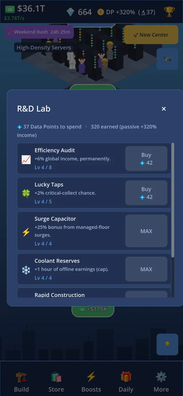 The R&D Lab — spend Data Points on permanent upgrades